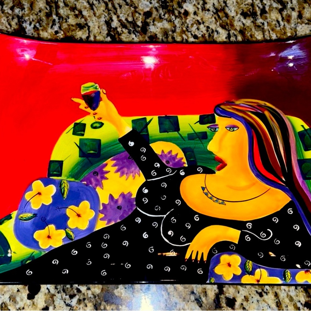 Naylor Designs Plate Wall Art Woman with Wine Glass Hand Painted 2004